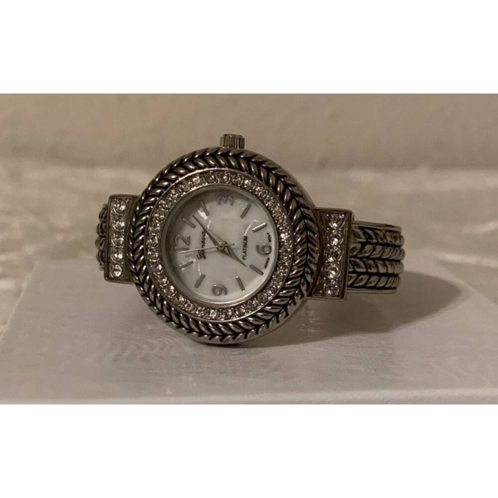 Geneva Platinum Bracelet Cuff Wrist Watch Silver Tone Rhinestones New Battery